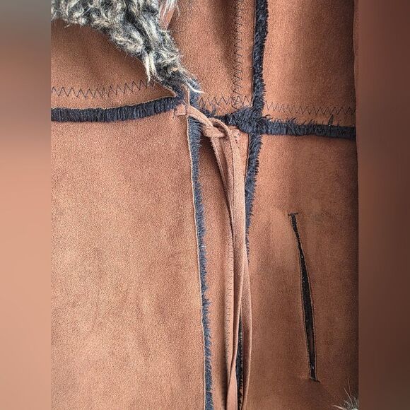 Vtg Brown Faux Suede Fur Hooded Full Length Long Afghan Penny Lane Coat Sz M - Picture 15 of 16